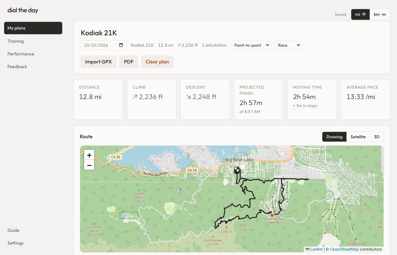 A real dial the day race plan: the Kodiak 21K with distance, climb, projected finish and the route map